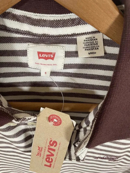 NWT!! Levi's Men's Polo Shirt Brown/white Striped 100% Cotton Casual Size Small - Picture 3 of 5